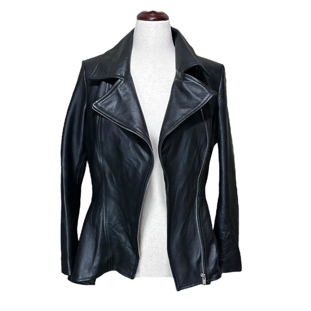 Black Leather Motorcycle Jacket with Asymmetrical Zipper - Picture 2 of 6